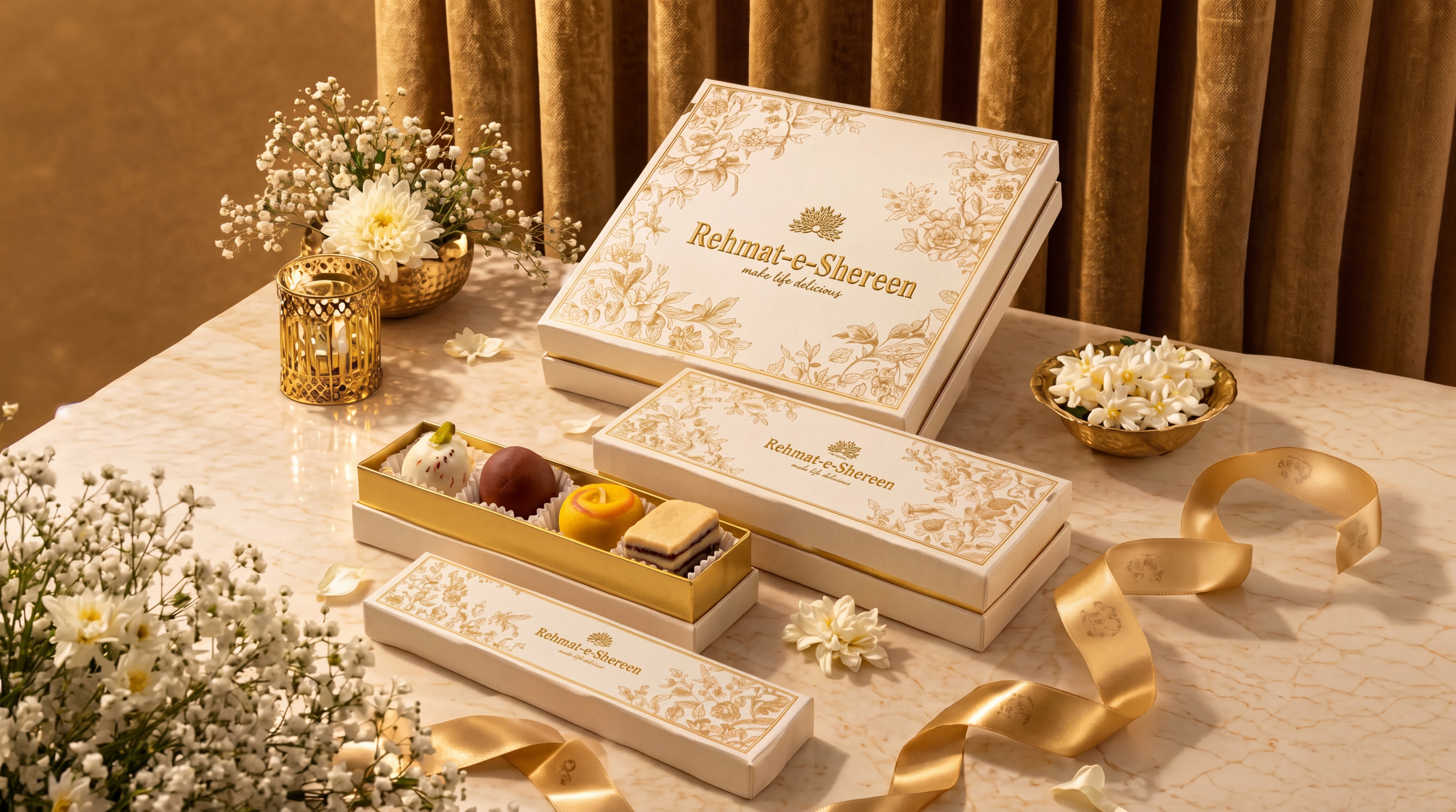 Premium Rehmat-e-Shereen gift boxes styled with flowers and golden ribbon
